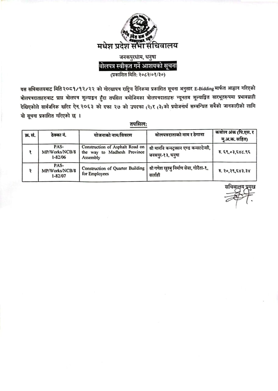 बोलपत्र स्वीकृत गर्ने आशयको सूचना